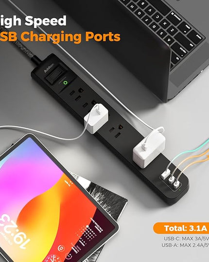 2 Pack Surge Protector Power Strip - USB C Power Strip, Flat Extension Cord with 5 Widely 3 USB (2 USB-C) Ports, Desktop Charging Station for Home Office College Dorm Room Essentials