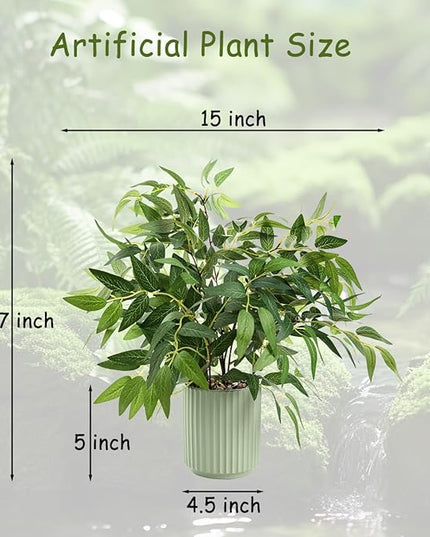 EZBOHO 16" Artificial Willow Leaf Plant in Ribbed Ceramic Pot Lifelike Faux Potted Greenery for Indoor Home Office Table Shelf Living Room Bedroom Bathroom Decor
