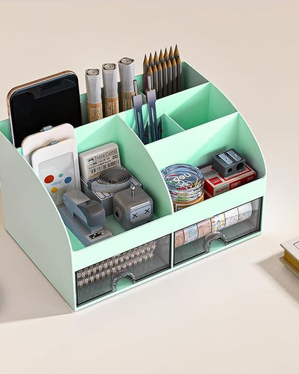 COMFYROOM Desk Organizer with 6 Compartments and 2 Drawers, Plastic Makeup Organizer, Pen Holder for Desktop Storage, Desk Organization for School, Home, Office Supplies (Mint Green)