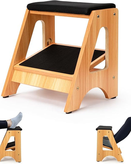 StrongTek Double Step Footrest, Adjustable Wooden Foot Stool with 3 Height Levels, Cushioned Top & Non-Slip Base, Ergonomic Under Desk Leg Rest for Office Home