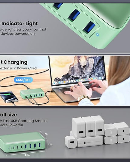 USB C Charger 200W USB C Charger Block GaN III 8-Port Fast Charging Station PD 65W Laptop Charger Adapter Compatible with MacBook Pro/Air,DELL,HP Surface,iPhone 15/14/13,Galaxy S23/22 (G)