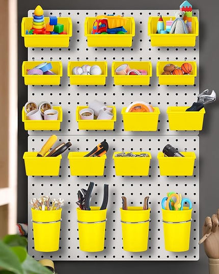 Roowest 60 Pcs Pegboard Cups Pegboard Bins Set, Wall Organizer with Hooks and Loops, Hooks Assortment Organizer Accessory for Office Storage Garage Craft Workshop(Yellow)