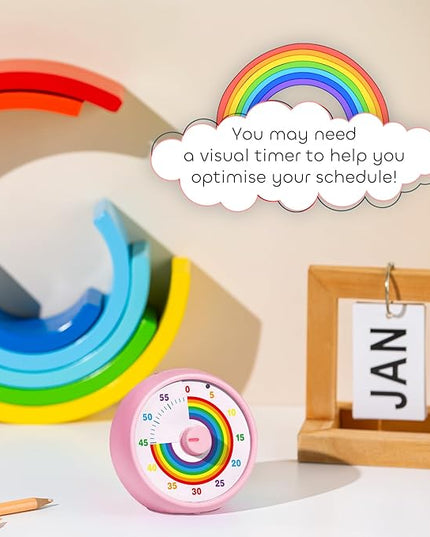 Visual Timer for Kids, 60-Minute Countdown Timer for Classroom Office Kitchen, Desk Timer Kids Time Management Tools with Silent Operation, Pomodoro Time Rainbow Pattern (Pink)