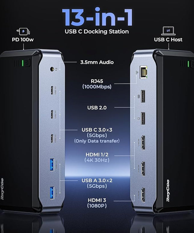USB C Docking Station Dual Monitor for MacBook Pro/Air, 13-in-1 Triple 4K Display Laptop USB-C Hub, Type C Dock with 3 * 4K HDMI, PD3.0, 7 USB, RJ45, 3.5mm Audio