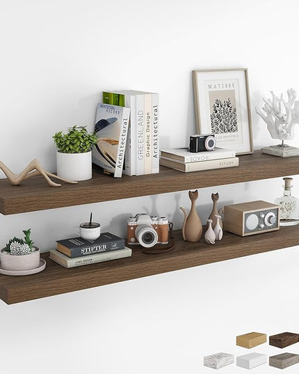 RICHFOCUS 55Inch Floating Shelves for Wall 2 Pack Shelves for Bedroom|Kitchen|Bathroom Wall Mounted Rustic Wood Floating Shelf with Invisible Brackets for Books|Storage|Decor, Walnut