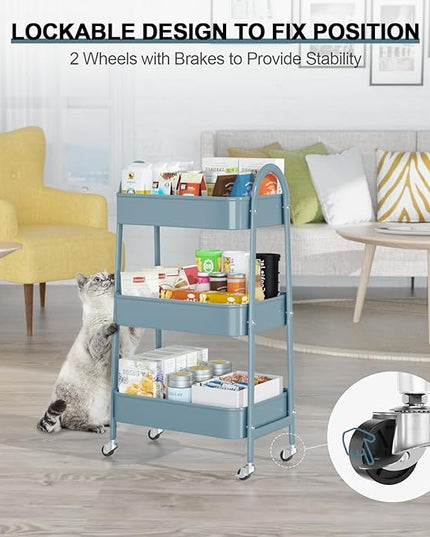 3 Tier Utility Rolling Cart, EAGMAK Metal Storage Cart with Handle and Lockable Wheels, Multifunctional Storage Organizer Trolley with Mesh Baskets for Kitchen, Living Room, Office, Garage (Blue)