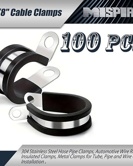 MISPIRE 100 Pack 3/8 inch Cable Clamps, 304 Stainless Steel Hose Pipe Clamps, Automotive Wire Rubber Insulated Clamps, Metal Clamps for Tube, Pipe and Wire Cord Installation