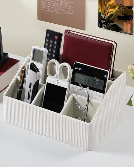 Cretkhp Remote Control Holder with 5 Compartments for Office Art Supplies, PU Leather Nightstand Organizer Pencil Pen Desk Caddy for Home, Desktop TV Remote Control Organizer Storage (Striped Ivory)