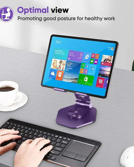 Foldable Aluminum Tablet Stand for Desk, 360° Swivel iPad & Tablet Holder – Portable & Stable Desktop Mount for 5–12.9in Devices, Purple