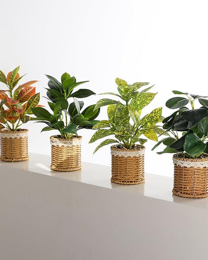 Nubry Fake Plants Artificial Potted Plants with Weaved Pot for Shelf & Table Desk | Perfect for Home Office Bathroom Farmhouse Room Coffee Table Decor 10‘’