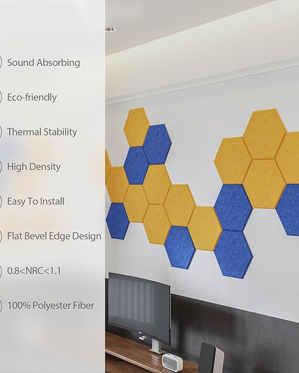 12 Pack Acoustic Panels Self Adhesive Sound Proof Foam, High Density Sound Acoustic Panel, 12X10.23X0.4 Inch Hexagon Panels in Home, Office, Reccording Room, Studio,and more(Telecom Blue)