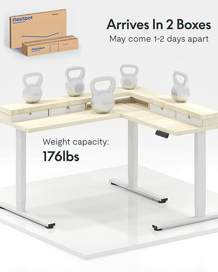 FLEXISPOT 71" L Shaped Standing Desk Electric Corner Table with Shelf, 4 Storage Drawers, Adjustable Computer Workstation for Home, Office, Game, Studio, USB Charger, Light Maple Top + White Frame