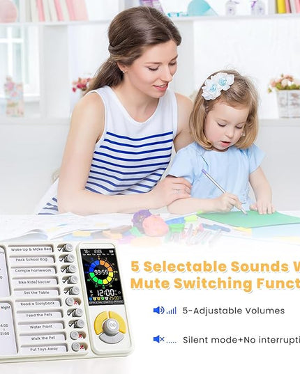 5 IN 1 Visual Timer for Kids/Adults with Chore Chart, ADHD Tools 12/24H Silent Task Timer and Pomodoro Timer, ADHD & Autism Sensory Products, Visual Schedule for Kids Back to School Supplies Off-white