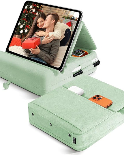 TpeeTeek Tablet Pillow Stand with Storage, Foldable iPad Holder for Lep, Bed, Sofa, and Desk - Soft Pad Dock with Pocket and Stylus Mount Compatible with 4-13" iPad Pro/Air/Mini, Galaxy Tab, Kindle