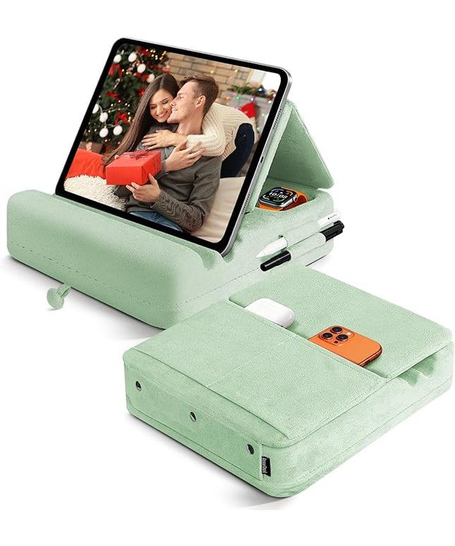 TpeeTeek Tablet Pillow Stand with Storage, Foldable iPad Holder for Lep, Bed, Sofa, and Desk - Soft Pad Dock with Pocket and Stylus Mount Compatible with 4-13" iPad Pro/Air/Mini, Galaxy Tab, Kindle