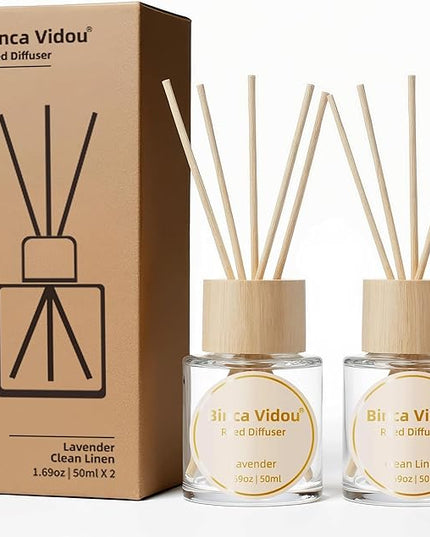 Binca Vidou Reed Diffuser Set Lavender & Linen Natural Scent Theme Oil Diffusers with Sticks for Home Office Bathroom Aromatherapy Decor 1.69oz x 2
