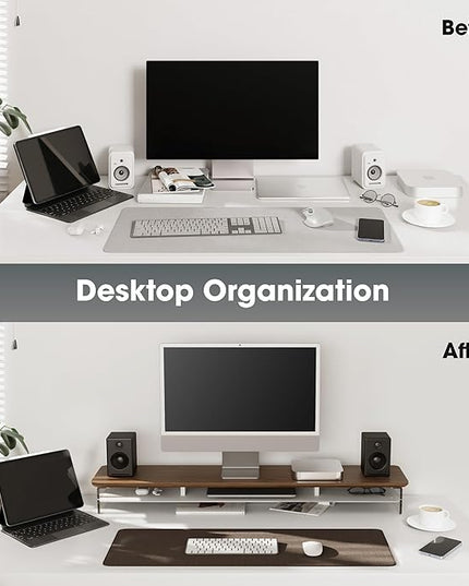 Fenge Acrylic Monitor Stand Riser, 42.5 Inches Dual Monitor Stand with Metal Storage, 2 Tier Acrylic Computer Riser for Desk, Clear Laptop Stand for PC, Laptop, Printer, TV, Brown