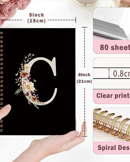 Lacama Campus Initial Letter C Notebook Journal, Cute Wildflower Personalized Black Spiral Notebook, School Supplies, Customized Monogrammed Gifts, Birthday Gifts for Women, Office Supplies