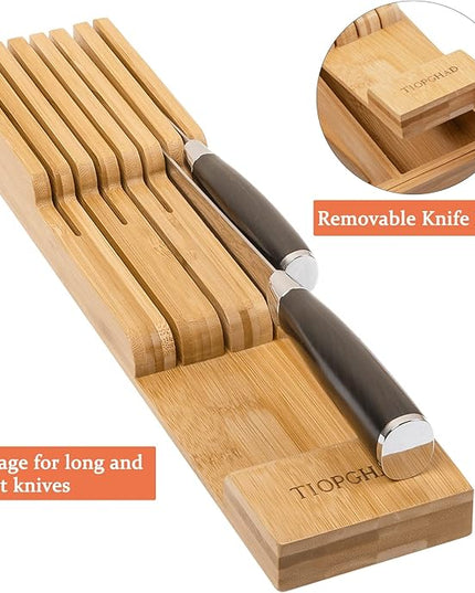 Bamboo-Silverware-Drawer-Organizer-Kitchen, Expandable Utensil Holder Cutlery Tray Flatware Organization Adjustable Wood Tableware Dividers Storage (with Removable Knife Block)(Natural)
