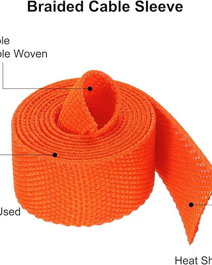 MECCANIXITY Braided Cable Sleeves Heat Shrinkable Fabric Sleeving, 1/2" 3ft Orange 2:1 Ratio Heat Shrinkable Cord Protector for Harness Cable, Network Cable Protection, Cable Management