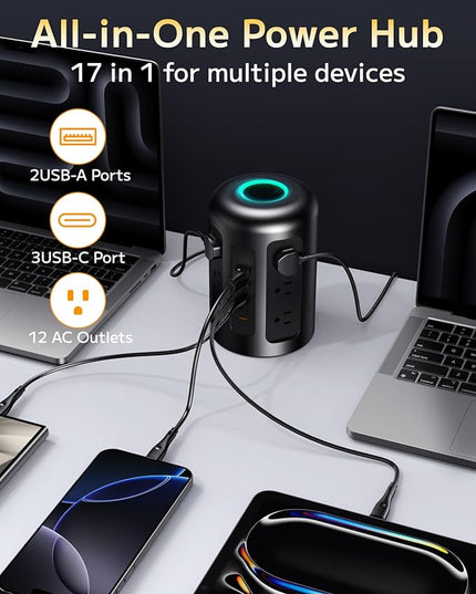 Power Strip Tower Surge Protector with 12 AC Outlets & 5 USB Ports (2 USB C), 5 Feet Extension Cord with Multiple Outlets, Keyhole Slots, Charging Station Desk Supplies for Home Office Dorm