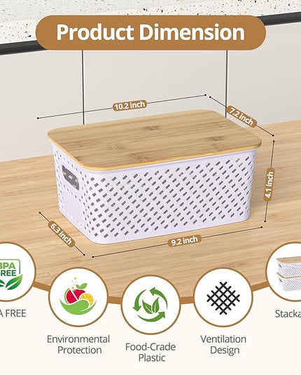 Plastic Storage Bins with Bamboo Lids, Stackable Small Box Baskets for Organizing and Containers for Shelves Drawers Desktop Closet Pantry Classroom Office Home, 6 Pack 10.2"x7.2"x4.1" Lavender