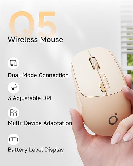 EWEADN Q5 Wireless Mouse, Bluetooth & 2.4G Quiet Computer Mouses with 1600 DPI, Battery Level Display, Ergonomic Office Mouse,6 Button Portable Cute Cordless Mice for Laptop/PC/Mac- Pink