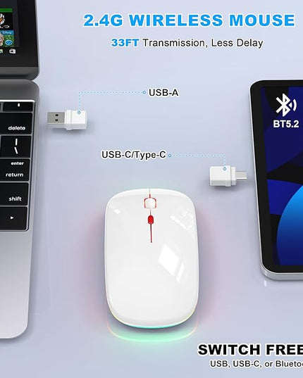 LED Bluetooth Wireless Mouse for MacBook Air Mac Pro Laptop Computer iPad, Rechargeable Silent Light-Up Mouse Jiggler Optical Dual Mode BT5.2 & USB-A/USB-C for Students, Kids, Girls, Boys - White