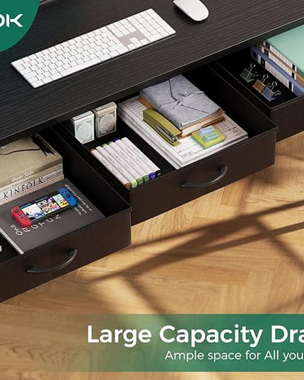 AODK 53 Inch L Shaped Computer Desk with Drawers, Corner Desk with Power Outlets & Reversible Storage Shelves, for Home Office Gaming, Black