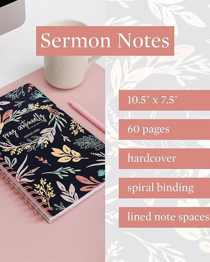 Steel Mill & Co Cute Floral Spiral Notebook Journal for Notes, 10.5" x 7.5" Sermon Notes and Church Notes Journal for Women with Durable Hardcover and 60 Lined Pages with Prompts, Navy Floral