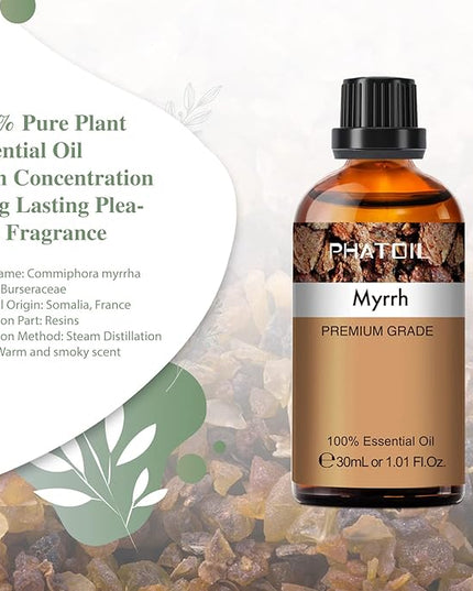 Myrrh Essential Oil, 1.01Fl.Oz (30ML) PHATOIL Pure Essential Oil Singles for Aromatherapy Diffusers, Humidifiers, Great for DIY Candle and Soap Making, Gift for Friend