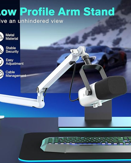 FIFINE Boom Arm Mic Stand, Low Profile Microphone Arm Stand, Podcast Mic Boom Arm with Desk Mount, Cable Channels Management, Metal Boom Arm White for Recording/Streaming/Gaming/Home Office-BM88W