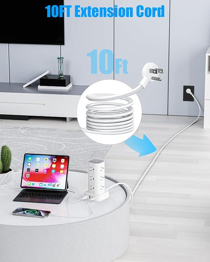 Flat Plug Power Strip Tower Surge Protector, 10FT Flat Extension Cord with Multiple Outlets, 12 AC Outlets, 4 USB Ports (2 USB C) Charging Station for Office Home Dorm Room Travel (White)
