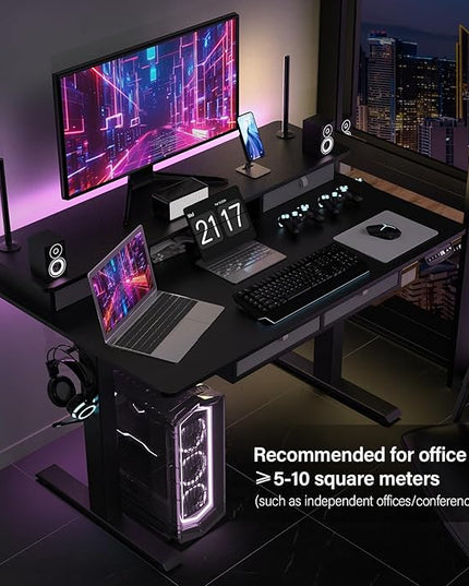 48 * 30 Inches Electric Standing Widened Desk Adjustable Height with 4 Drawers, Double Storage Shelves, Home Office Workstation Sit Stand up Desk (Classical Black)