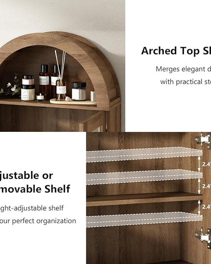 RUSTOWN Arched Bathroom Wall Cabinet, Rattan Medicine Cabinet with 2 Glass Doors, Farmhouse Over The Toilet Storage Cabinets with Adjustable Shelves, 3-Tier Wall Mounted Cabinets