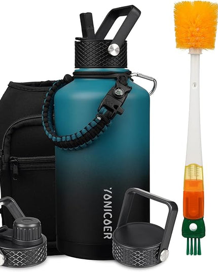 Insulated Water Bottle 64oz,Triple Wall Vacuum Stainless Steel(Dishwasher Safe),Leak Proof & Non-BPA,Flask Jug with Paracord Handle & Straw Spout Lids Sports Gradient indigo blue/black