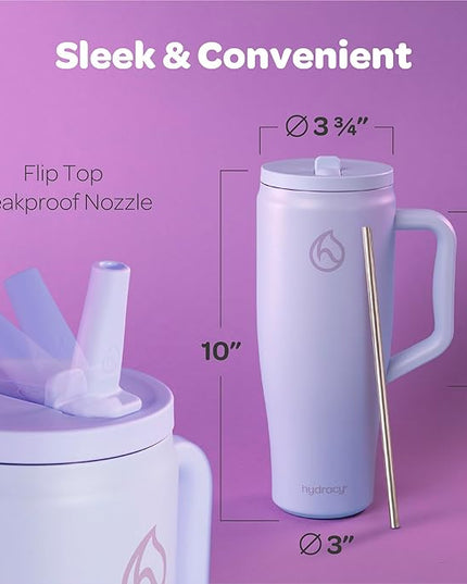 Hydracy Soulmate 40oz Tumbler with Handle and Flip Straw - 100% Leakproof Reusable Insulated Cup with Stainless Steel Straw - Cupholder Friendly Rubber Base Travel Mug - Lilac Haze