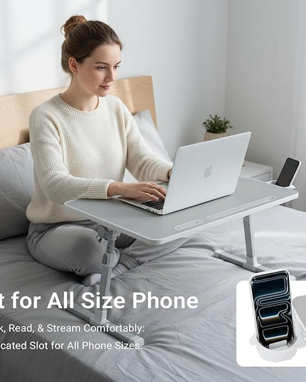 iXTRA Laptop Lap Desk with Cooling Fan - Adjustable Bed Desk with Light, Bed Table with Cup Holder&Phone Holder - Storage Drawer Desk - Folding Bed Desk,Grey,70x45cm