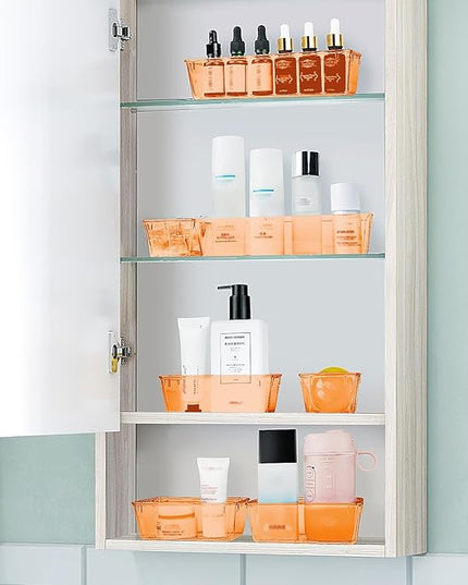 WOWBOX 25 PCS Plastic Drawer Organizer Set, 4 Sizes Desk Drawer Divider Organizers and Storage Bins for Makeup, Jewelry, Gadgets for Kitchen, Bedroom, Bathroom, Office, Clear Orange