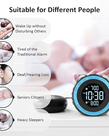 uscce Loud Dual Alarm Clock with Bed Shaker - 0-100% Dimmer, Vibrating Alarm Clock for Heavy Sleepers or Hearing Impaired, Easy to Set, USB Charging Port, Snooze, Battery Backup (Blue)