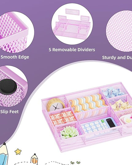 Marbrasse 2 Pack Desk Drawer Organizer, Mesh Drawer Organizer Tray with 8 Adjustable Compartments, Desk Organizers and Accessories, 5 Dividers Drawer for Office Supplies, Makeup & Vanity (Purple)