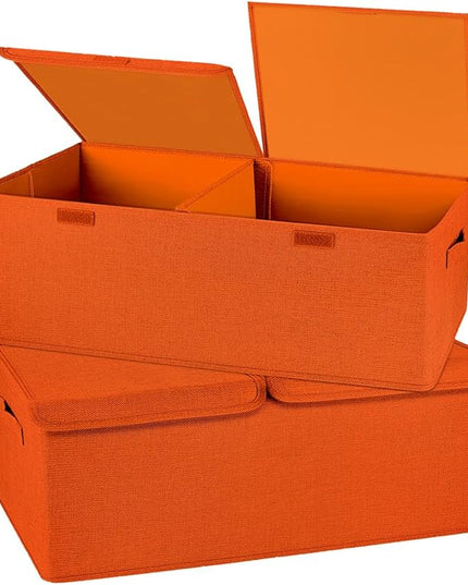 2 Pack Large Storage Boxes with Lids and Handles, Collapsible Linen Storage Bins Organizer Containers Baskets Cube with Removable Divider for Home Bedroom Closet Office (Orange, Small)