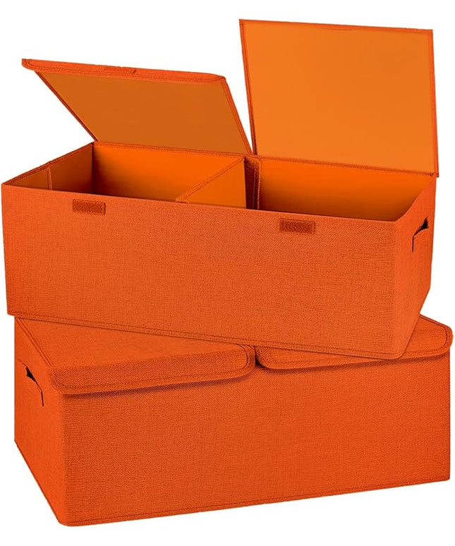 2 Pack Large Storage Boxes with Lids and Handles, Collapsible Linen Storage Bins Organizer Containers Baskets Cube with Removable Divider for Home Bedroom Closet Office (Orange, Small)
