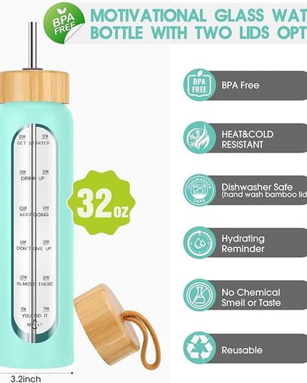 32 oz Glass Water Bottle with Straw - Motivational Time Marker & Silicone Sleeve - Reusable Tumbler Includes 2 Bamboo Lids & Fruit Infuser - 1 Pack