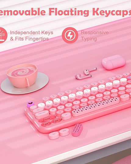Wireless Keyboard Mouse,104 Full Size Cute Colorful Keyboard and Mouse with Retro Typewriter for PC/Mac/Laptop/Tablet/Computer/Windows/Microsoft, Pink
