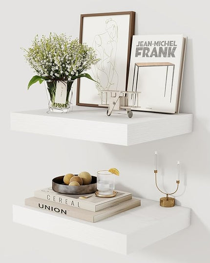 12 Inch Deep White Floating Shelves, 16 x 12 Floating Shelf for Books, Rustic Wood Deep Wall Shelves for Home Storage & Display, 2" Thicked Shelves for Kitchen, Living Room, Bedroom, 2 Pack