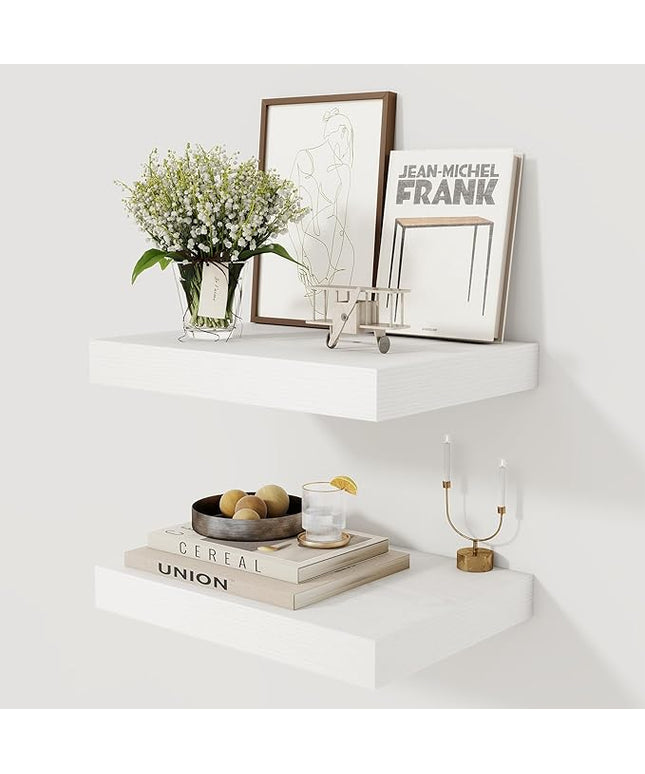 12 Inch Deep White Floating Shelves, 16 x 12 Floating Shelf for Books, Rustic Wood Deep Wall Shelves for Home Storage & Display, 2" Thicked Shelves for Kitchen, Living Room, Bedroom, 2 Pack