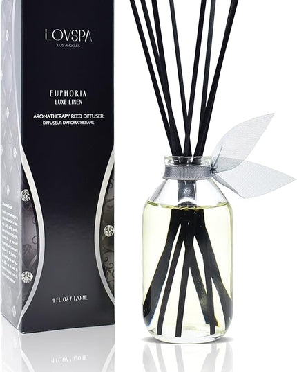 LOVSPA Reed Diffuser Set, Euphoria Luxe Linen Scented Oil Diffuser with Sticks, Home Fragrance Accessories for Bathroom Shelf Decor, Aroma Diffusers for Home or Office Fall Decor, USA Made