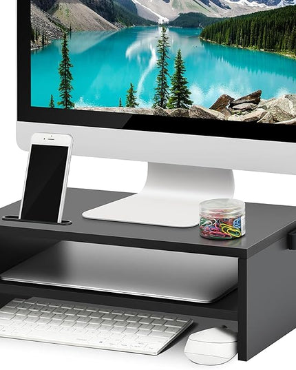 Marbrasse Monitor Stand Riser, 16.5 Inch 2 Tier Computer Printer Shelf Stand for Laptop Computer Screen Storage, Desktop Stand with Phone Holder and Cable Management Black