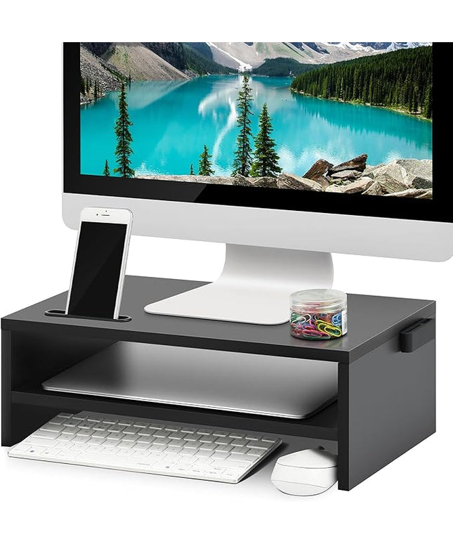 Marbrasse Monitor Stand Riser, 16.5 Inch 2 Tier Computer Printer Shelf Stand for Laptop Computer Screen Storage, Desktop Stand with Phone Holder and Cable Management Black